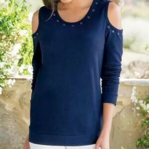 Soft Surroundings Navy French Terry Cotton Cold Shoulder Grommet Sweatshirt XL